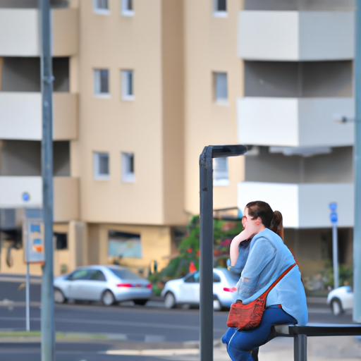 תושבת אשדוד ממתינה לאוטובוס מחוץ לבניין מגוריה, הממחישה את נוחות המגורים בקרבת תחבורה ציבורית.