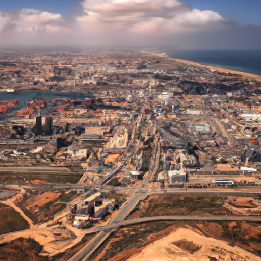 מבט אווירי של העיר אשדוד המציג את מיקומה האסטרטגי בסמוך לנמל ולכבישים ראשיים.