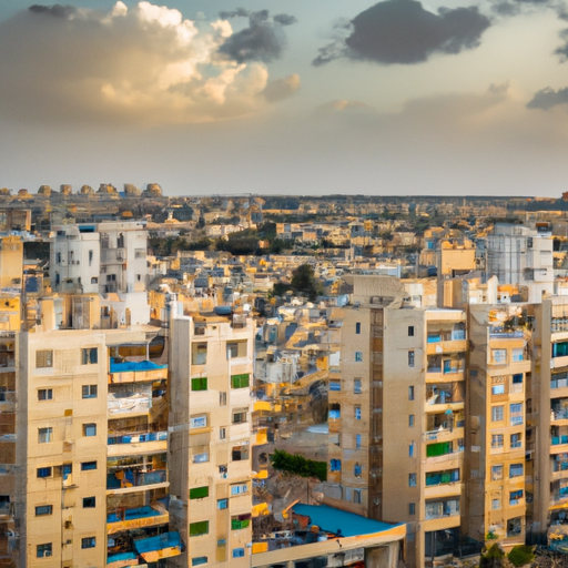 נוף פנורמי של הנוף העירוני של אשדוד המציג בנייני דירות שונים.